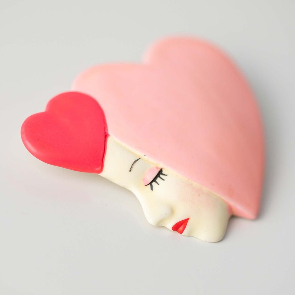 Vintage CHARMANTE Pink Heart Face Brooch Pin Retro Woman Valentine Jewelry